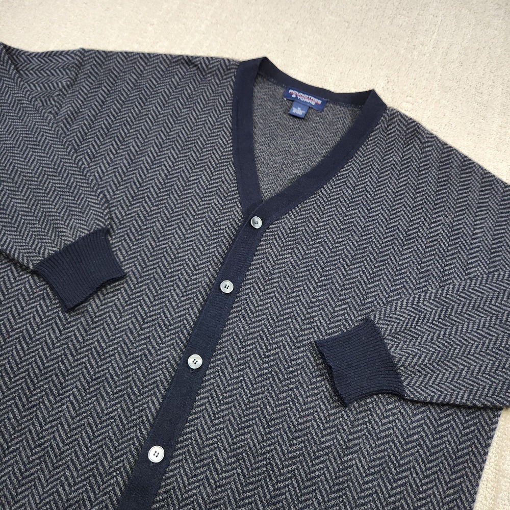 Vintage Cardigan Sweater Men XL‎ Herringbone Knit Wool Blend Black Gray 90s Prep